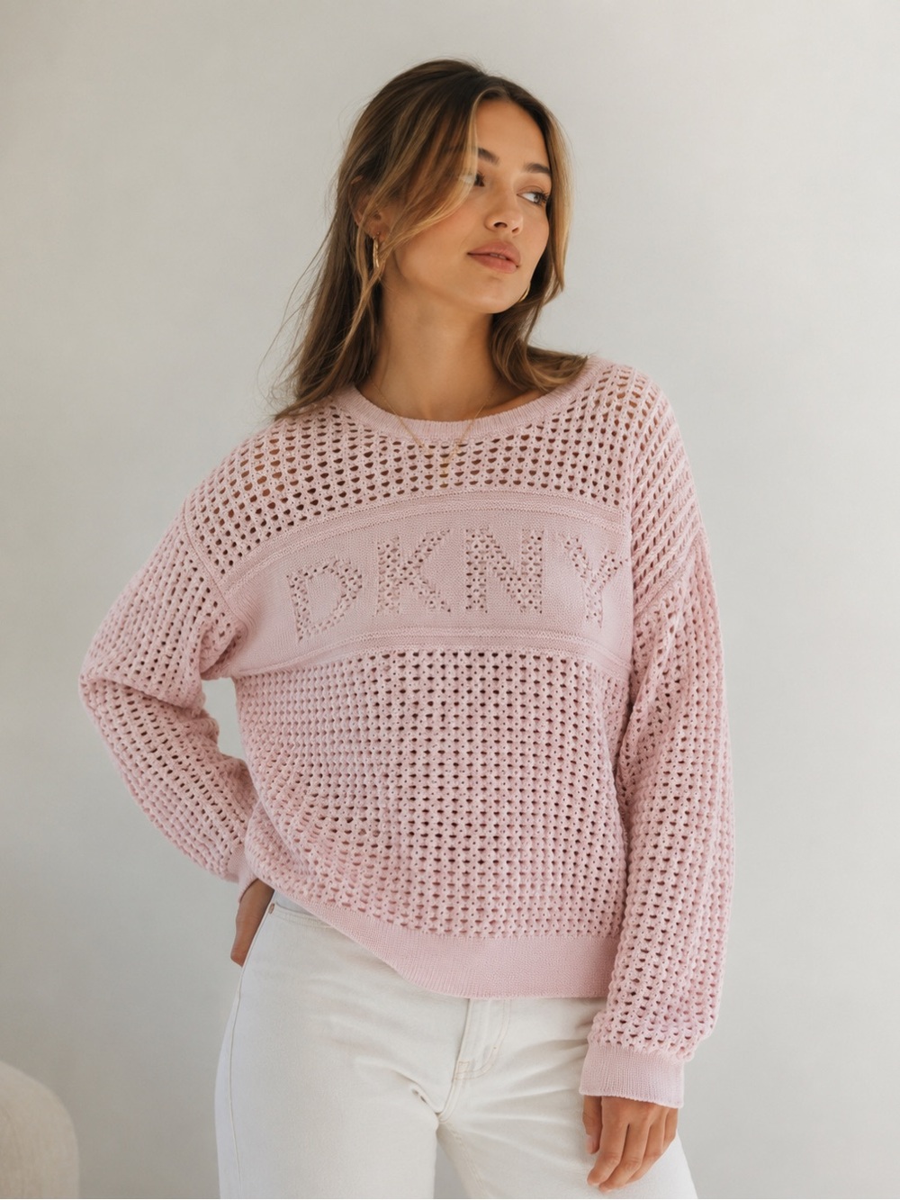DKNY Light Pink Open-Knit Logo Sweater